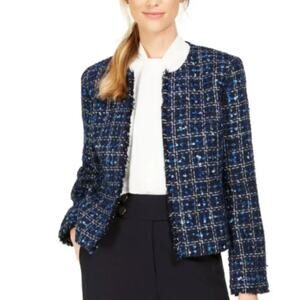 Calvin Klein Women's Careerwear Frayed Blue Tweed Open Jacket Blazer 10P